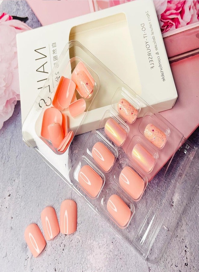LRKNNO Extra Short Press on Nails Square Orange Glitter Fake Nails Cute Petite Acrylic Nails Decorations French False Nails with Design Artificial Full Cover Glue on Nails for Women Reusable Nails Kit 24Pcs - Image 5